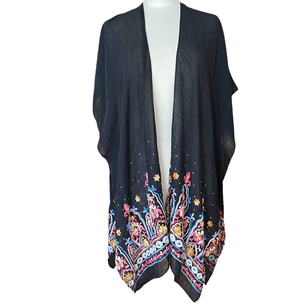 Do All Things In Love Embroidered Indie Kimono Cover-Up Lagenlook Rhinestones-OS